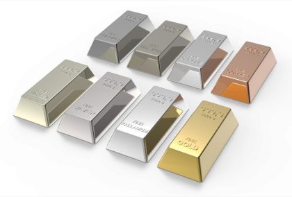 Set of valuable metals ingots isolated on white. 3D photo rendering.